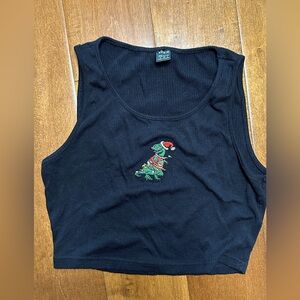 Black Cropped Tank Top with Embroidered Christmas Dinosaur